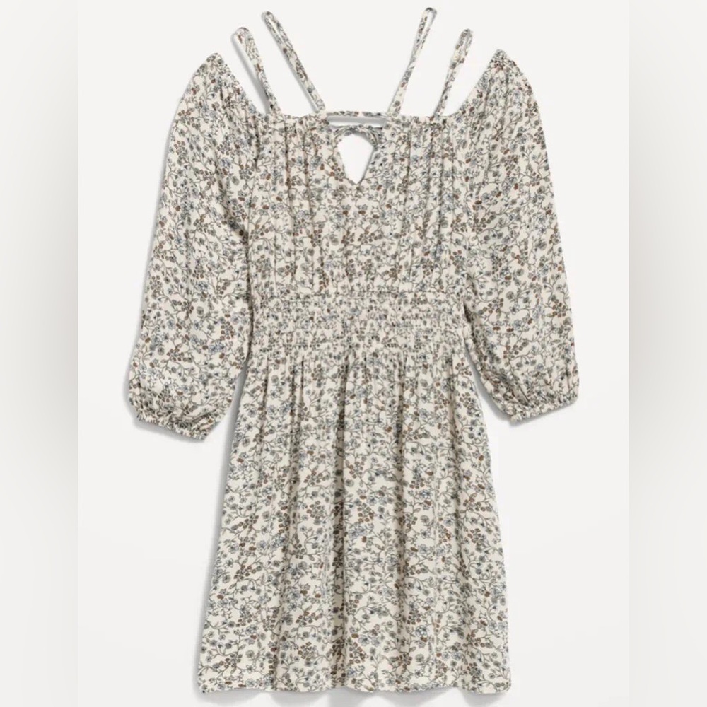Waist defined floral cold shoulder cutout smocked mini dress